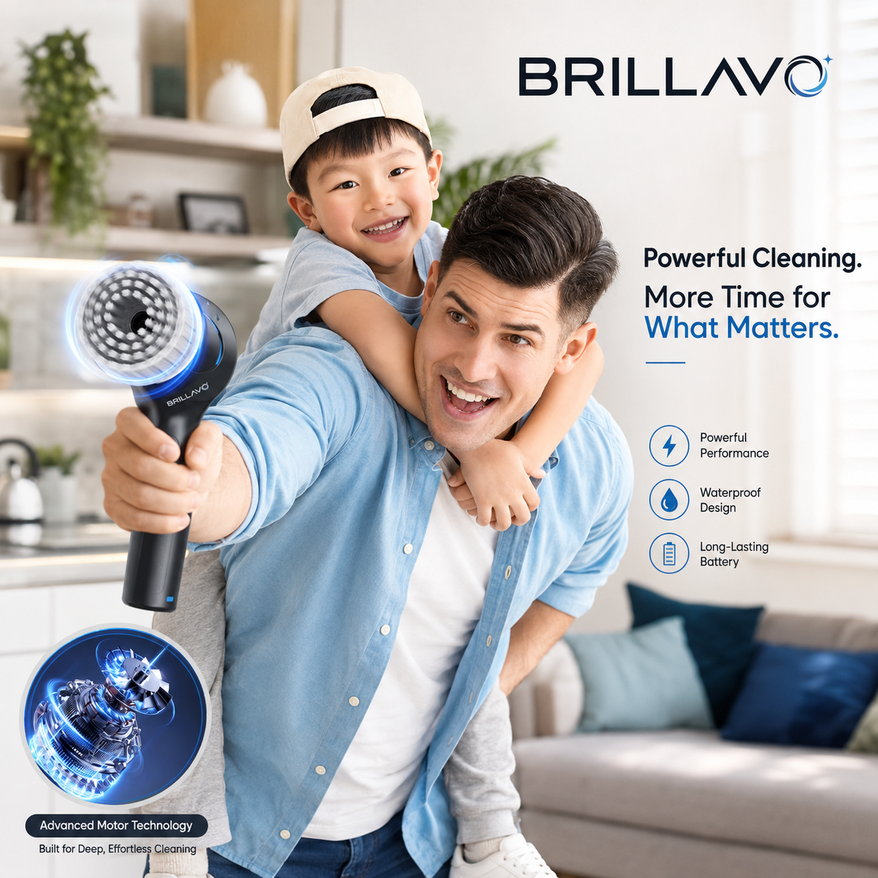 BRILLAVO Brosse de nettoyage sans fil 7-en-1 Plus de brillance. Moins d'effort.
