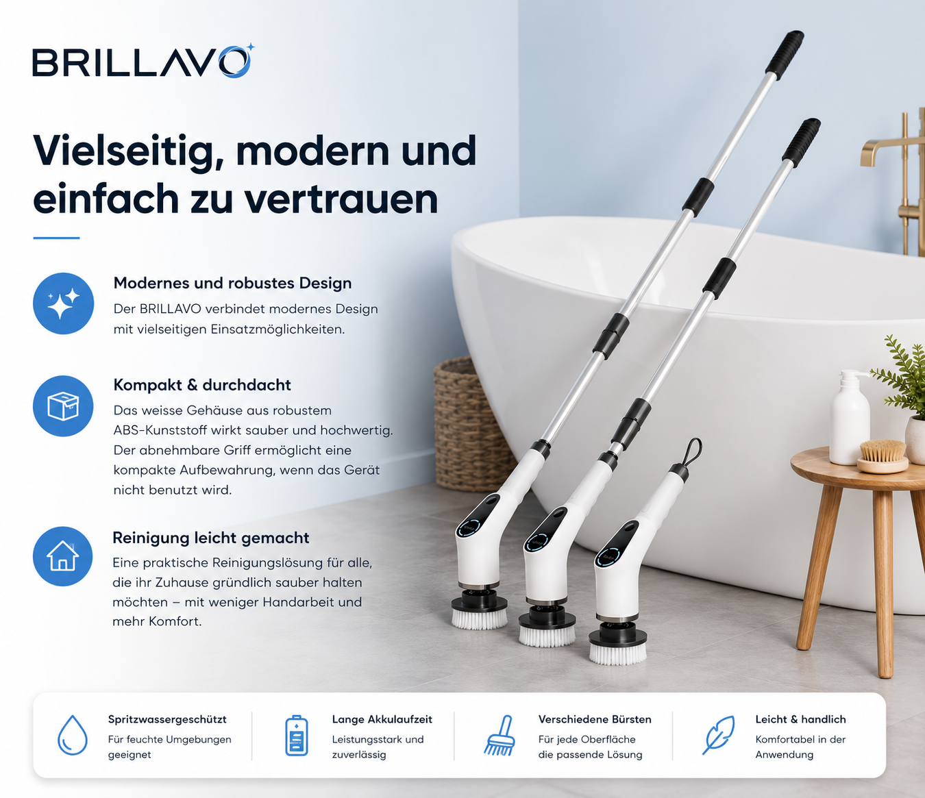 BRILLAVO Brosse de nettoyage sans fil 7-en-1 Plus de brillance. Moins d'effort.